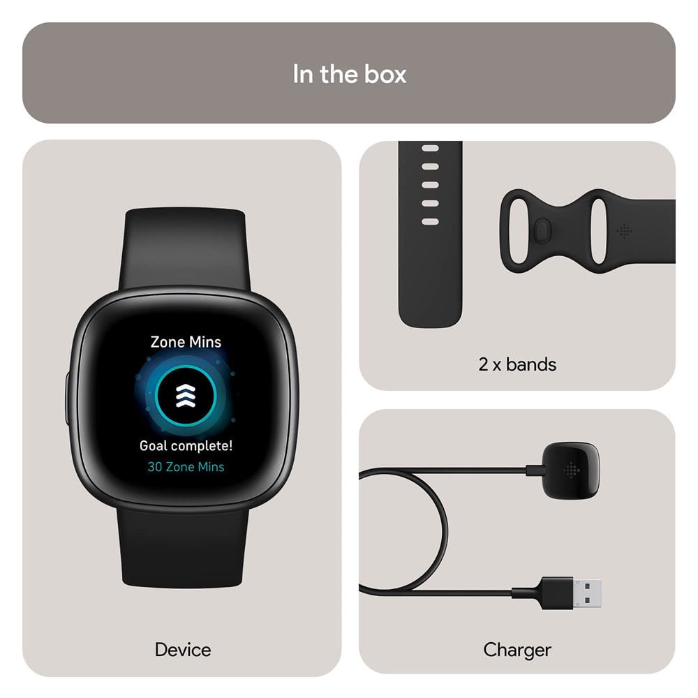 Fitbit FB523BKBK-US Versa 4 Fitness Smartwatch with GPS, 24/7 Heart Rate - Black/Graphite Bundle with Workout Sport Towel & Tech Smart USA Fitness & Wellness Suite