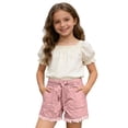 thumbnail image 2 of Huowey High Waist Summer Shorts For Girls Kids Elastic Waist Denim Cargo Shorts With Pockets Solid Color Wide Leg Raw Hem Casual Comfortable Lightweight Stylish Youth Bottoms,Pink,9-10 Years, 2 of 4