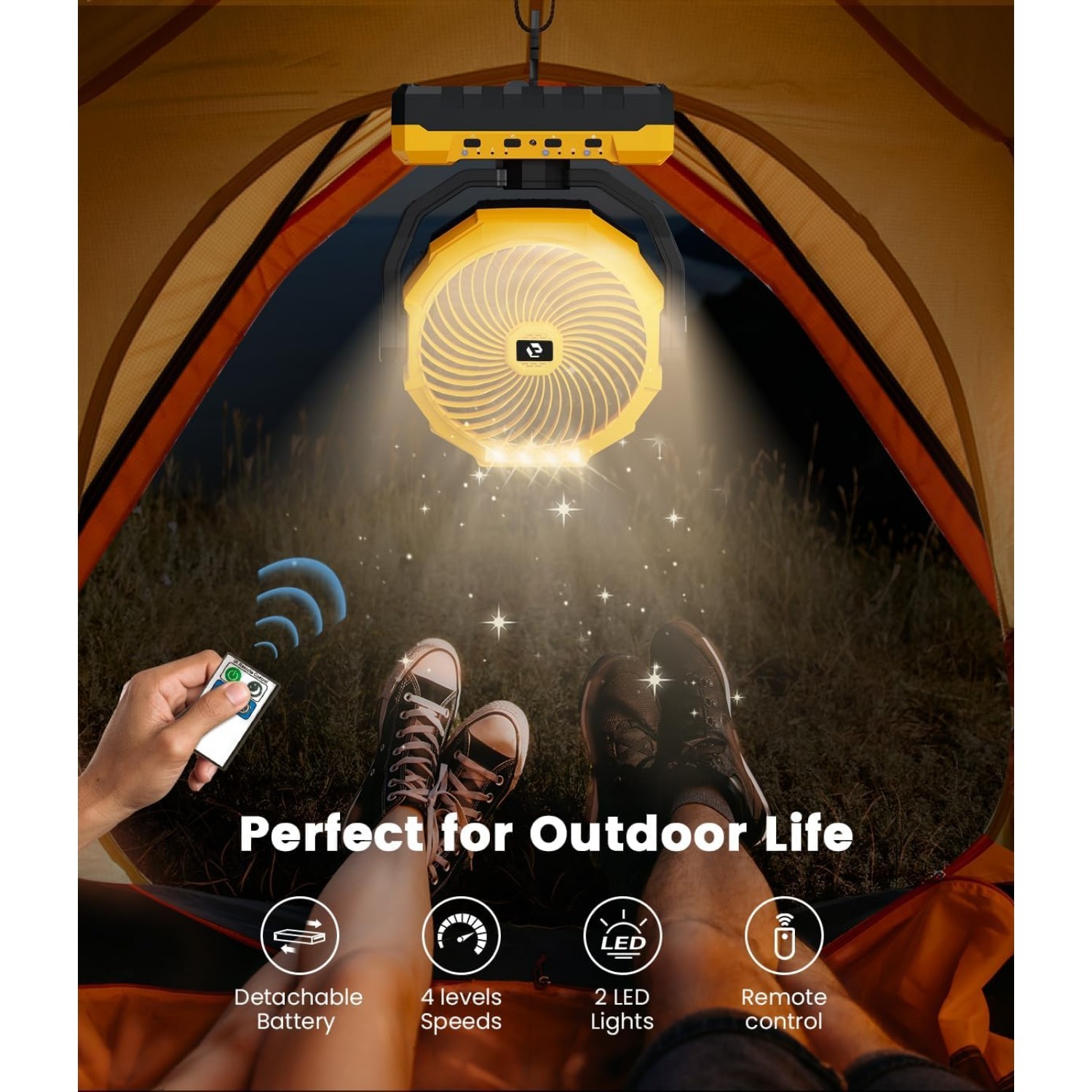 Portable Camping Tent Fan 24000mAh Rechargeable Battery Operated Desk Fan Auto Oscillating with LED Lantern and Remote Black