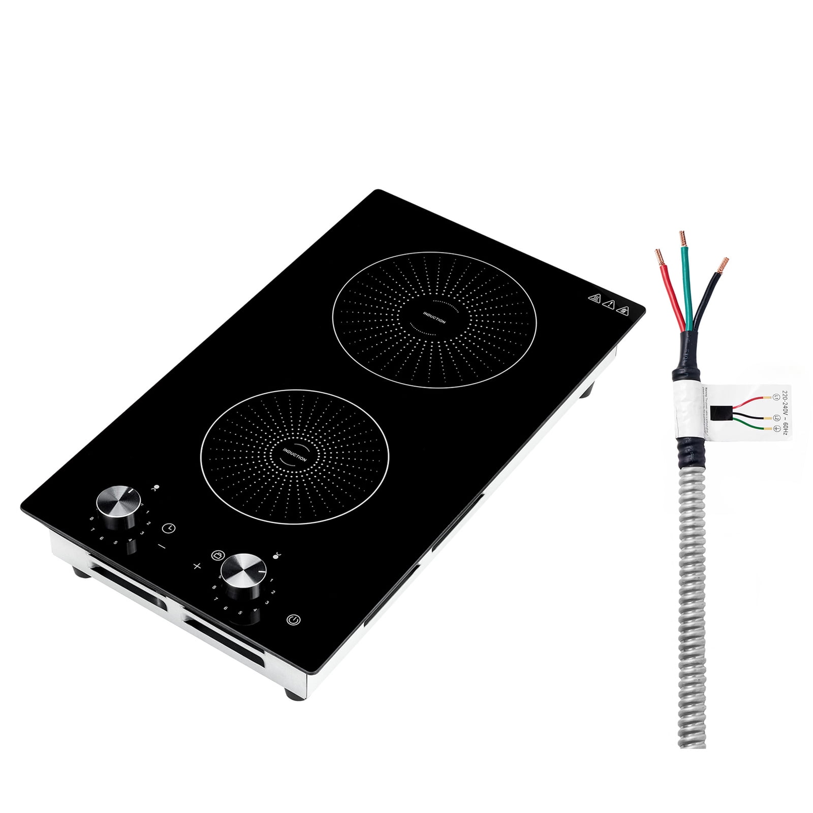 KFFKFF 12-Inch Dual-Burner Induction Cooktop, Built-in Electric Stove 220V 3500W, Kitchen Appliance with 11 Heat Settings, Knob Controls, Ceramic Glass Top, and Safety Lock