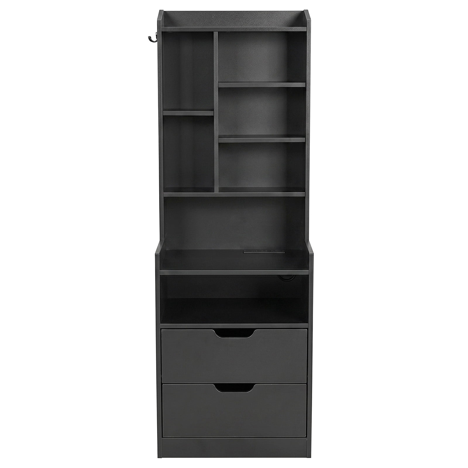 2-Drawer Nightstand with 6-Shelf Storage and Charging Station, Black