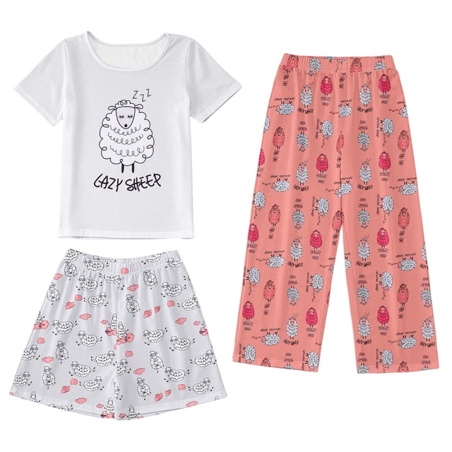 Hiiyo Pyjama pour Grandes Filles T-Shirt à Manches Courtes Shorts Pantalons Ensemble de Sommeil 3 Pcs