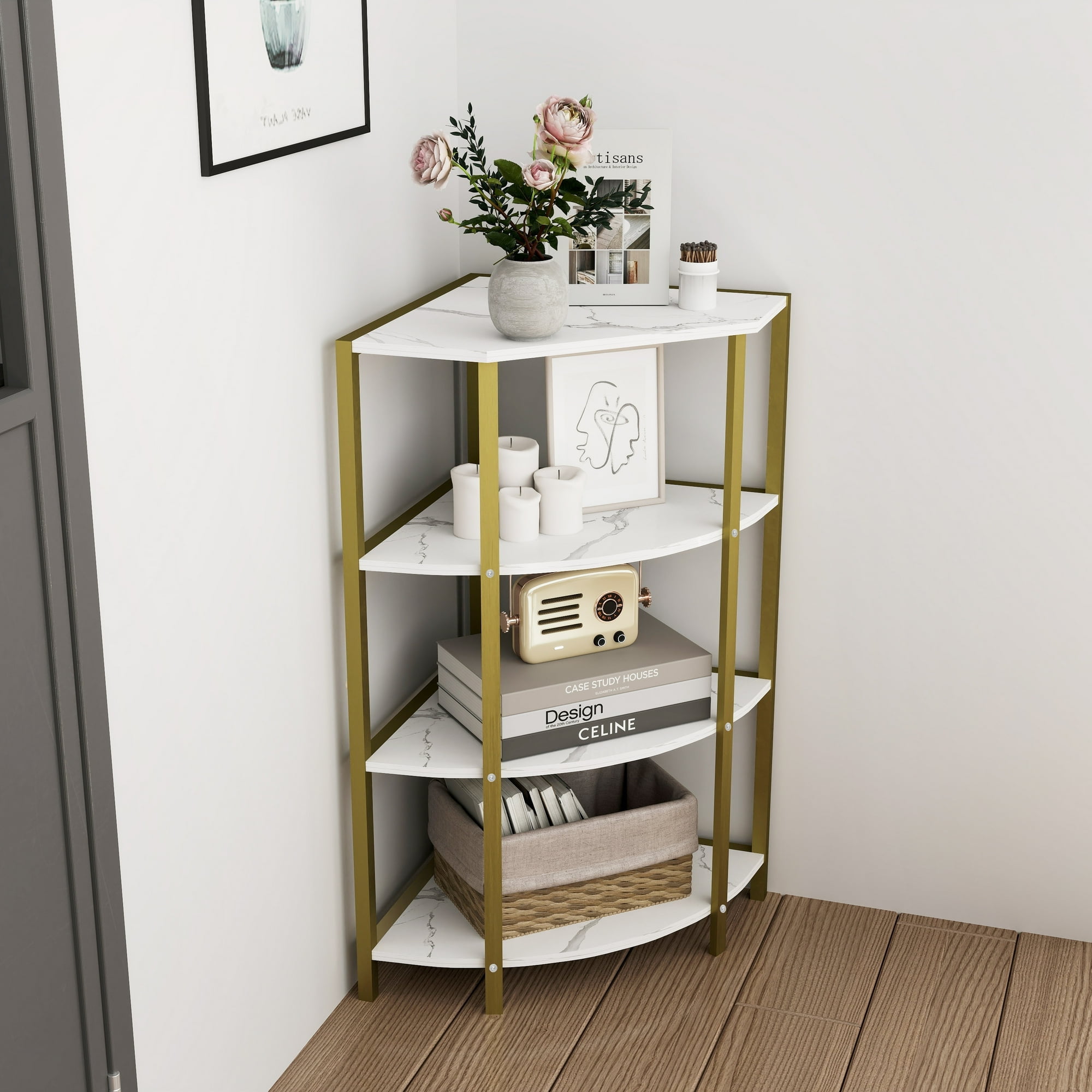 JRHRXXY 4-Tier Corner Utility Shelf, Metal Standing Shelf