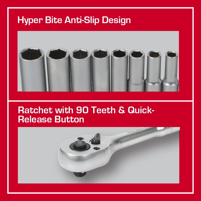 Hyper Tough 3/8-inch Drive Ratchet and Socket Set, SAE and Metric, 48 Pieces