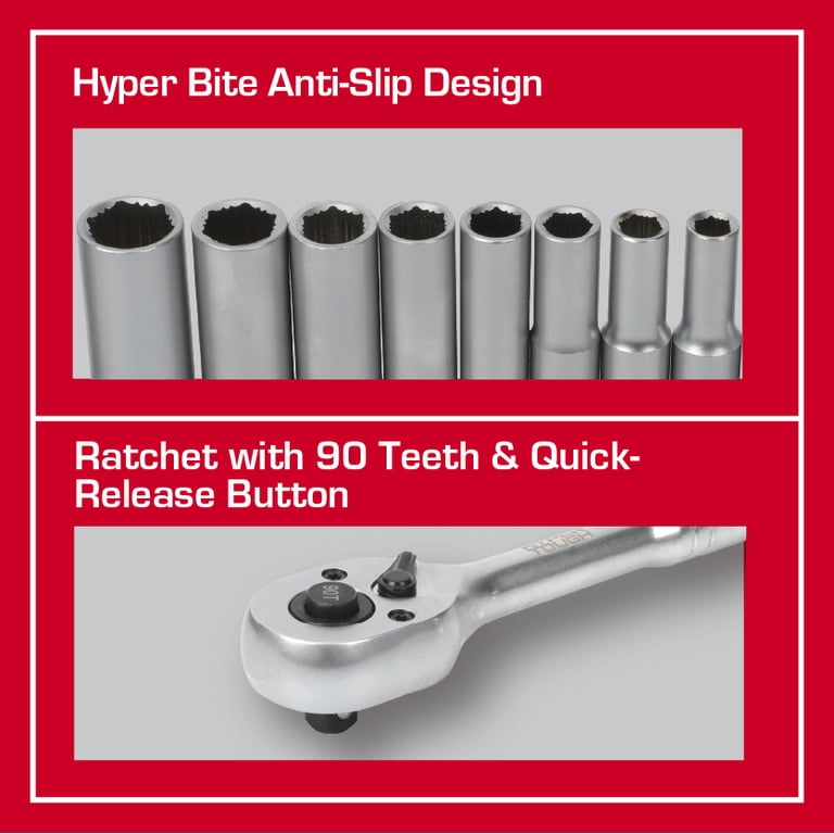 Hyper Tough 3/8-inch Drive Ratchet and Socket Set, SAE and Metric