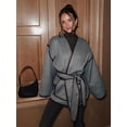 thumbnail image 5 of Chaqueta de lana con borde de cuero gris para mujer, abrigos elegantes con cuello en V y cinturón con bolsillos, ropa de calle alta para mujer, moda de otoño, nuevo, 5 of 5