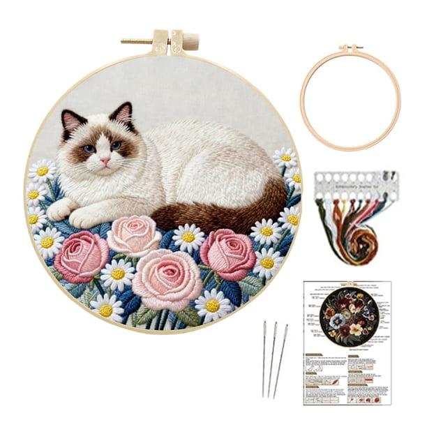 Kit completo de bordado para principiantes, tela, patrones, agujas e hilos, arte floral DIY, para todos los niveles, hobby de mindfulness, decoración del hogar