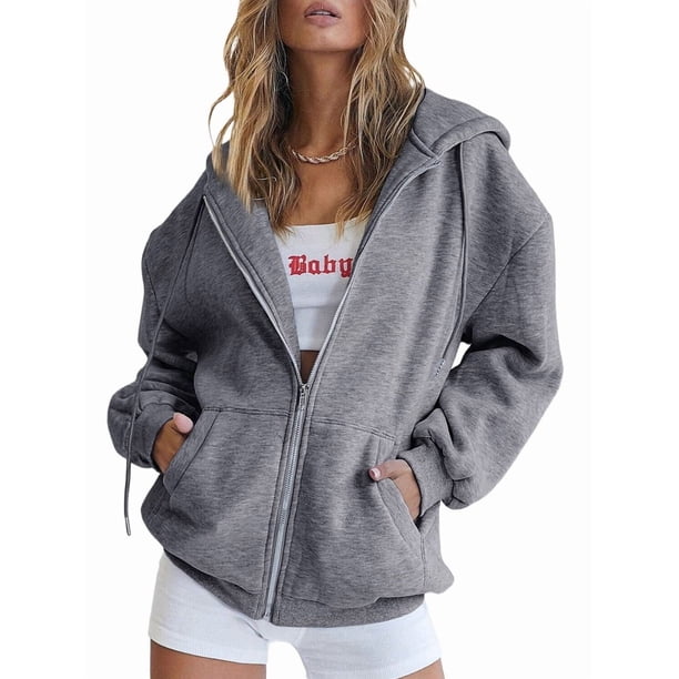Sudaderas con Capucha y Cremallera para Mujer, Sudaderas Extragrandes, Conjuntos de Moda Escolar para Otoño, Chaquetas Informales, Ropa de Invierno Gris Oscuro S