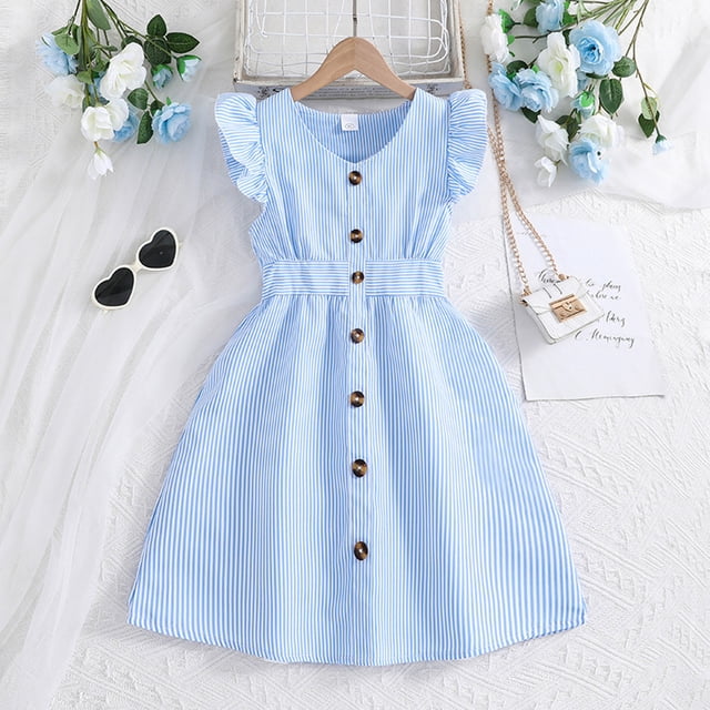 Robe à Manches Courtes Col en V, Nouvelle Robe d'Été pour Filles Col Poupée Mignon Robe de Princesse Col Rond Jupe Princesse avec Nœud