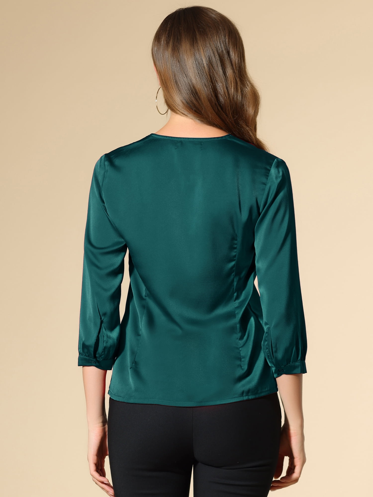 DARING DIVA Women's Satin Blouse Long Sleeve V Neck Top Shirts XS Blue Green