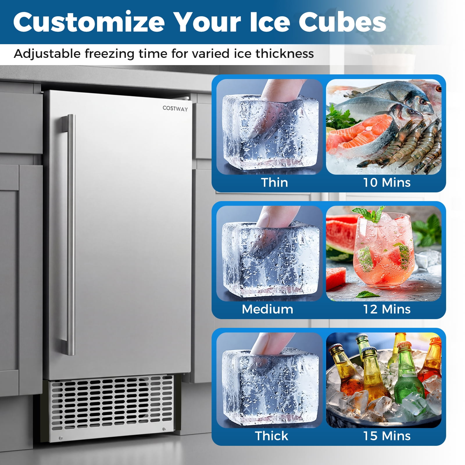 Costway Ice Maker 90 lbs/Day, 25 lbs Storage, 15” W Built-in Freestanding Ice Making Silver+Black