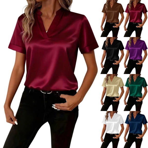 Endives Womens Satin T-shirt V Neck Short Sleeve T Shirt Elegant Blouse Womens Top Summer Outfits Khaki