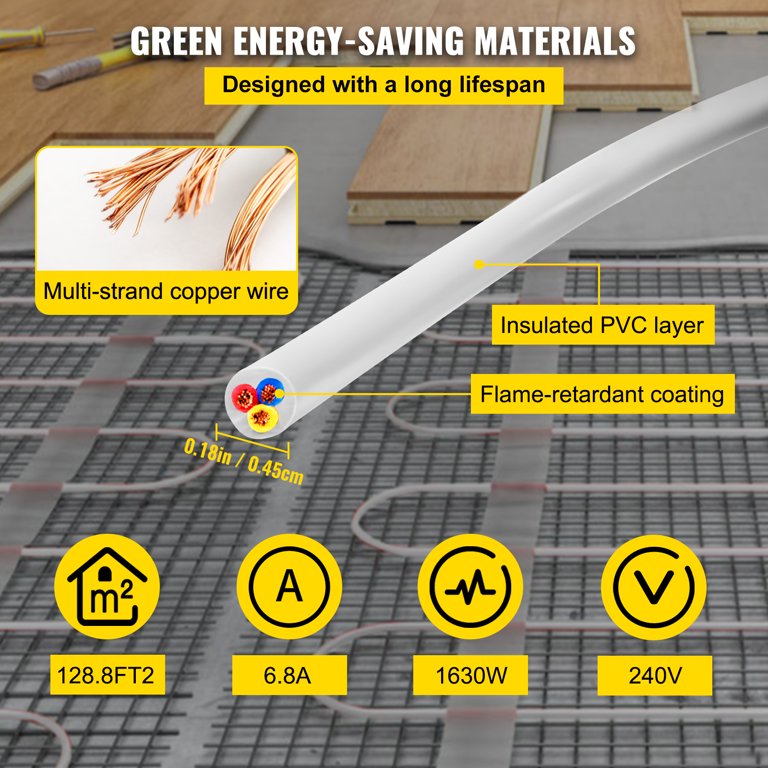 VEVOR Floor Heating Cable 128.8 Square Feet Durable Floor Tile Heat Cable,  Waterproof and Insulated, with Convenient Temperature Control Panel, Rapid Heating  Cable Under Floor w/No Noise or Radiation - Walmart.com