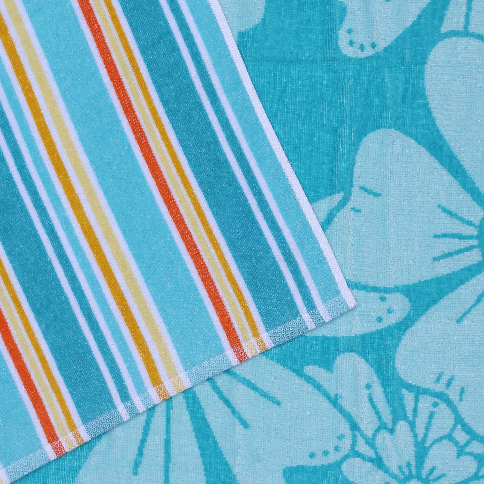 Mainstays 2-Pack Beach Towels, 58 in x 28 in, Green Flower & Stripes