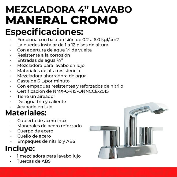 Llave Mezcladora Para Bano De 4 Acero Inoxidable URREA 12CL Walmart en linea