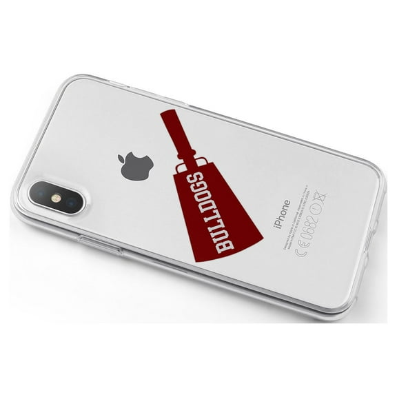DistinctInk Clear Shockproof Hybrid Case for iPhone X / XS (5.8" Screen) - TPU Bumper, Acrylic Back, Tempered Glass Screen Protector - Bulldogs Cowbell - Maroon, Gray