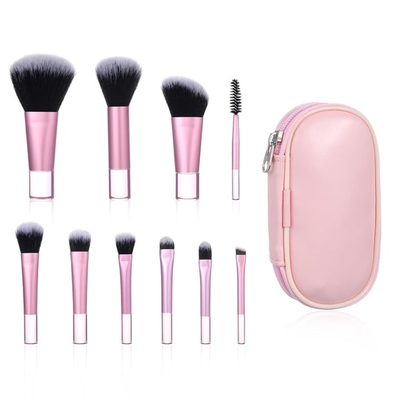10 Piece Mini Makeup Brush Set with Pouch, Pink Portable Travel Makeup Brushes for Foundation Eyeshadow Powder Blush Contour & Concealer