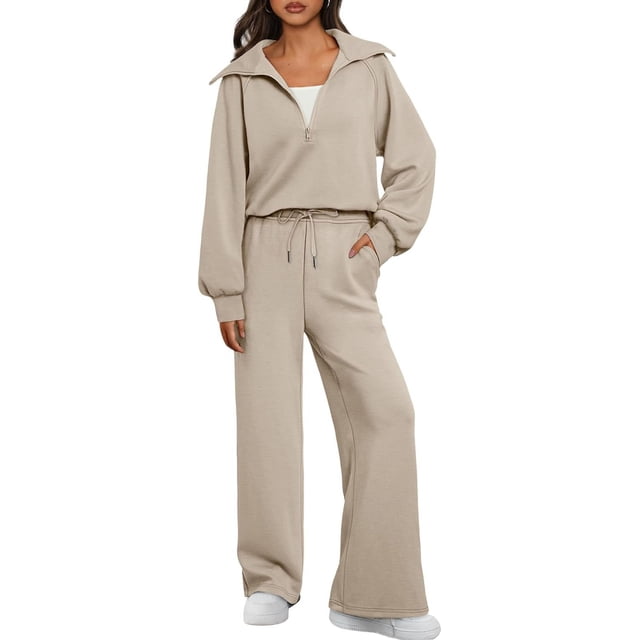 Womens 2 Piece Sweatsuits Loungewear Sets Quarter Zip Pullover Sweatshirts with Wide Leg Sweatpants