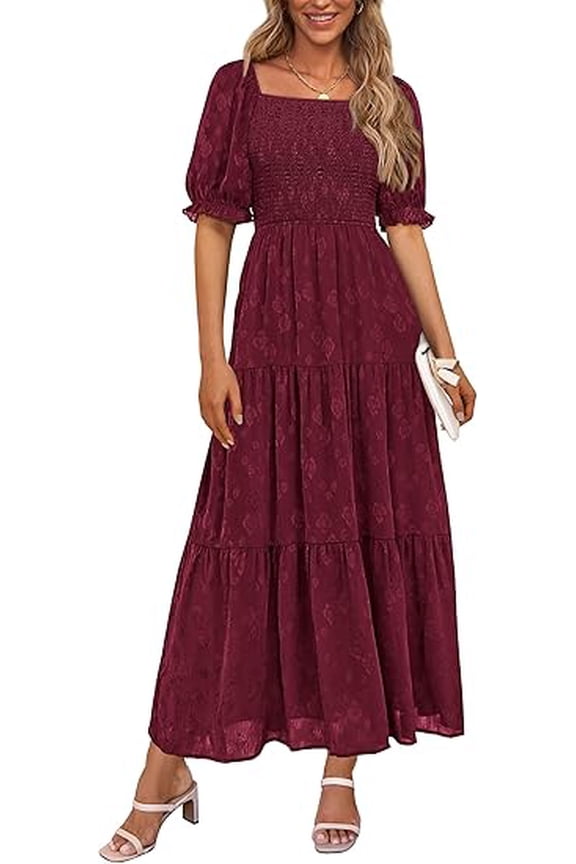 Women's 2025 Summer Casual Midi Dresses Square Neck Short Sleeve Smocked A Line Floral Flowy Elegant Boho Dress