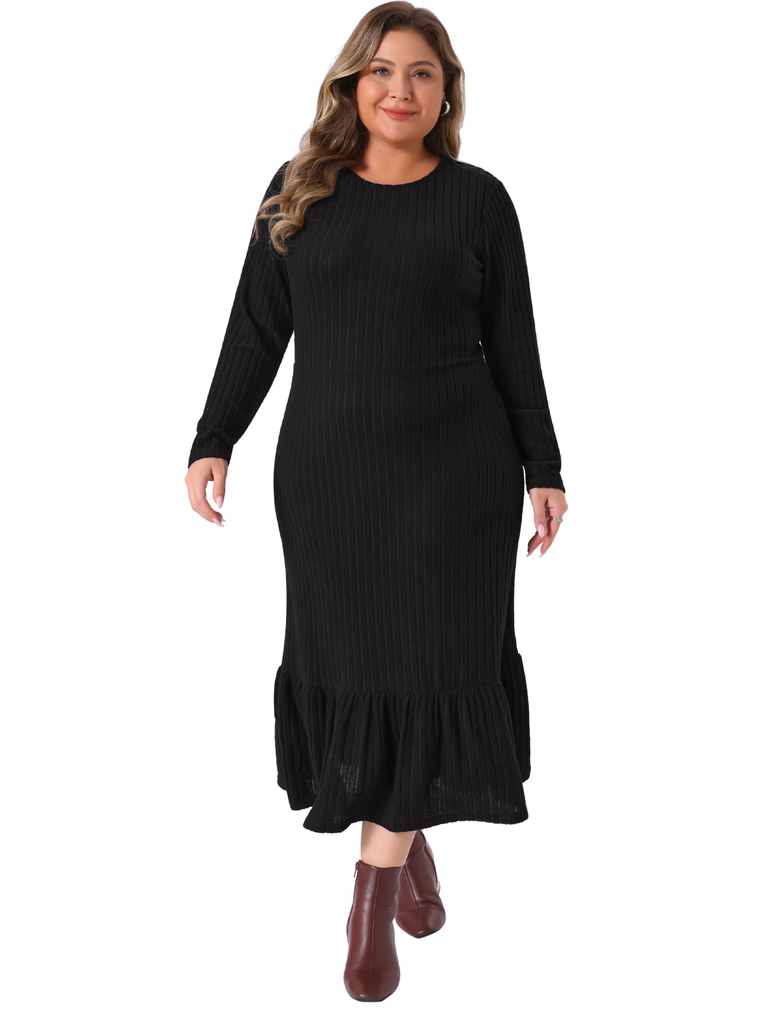 DARING DIVA Women's Plus Size Ribbed Knit Long Sleeve Ruffled Hem Midi Dress 2X Black