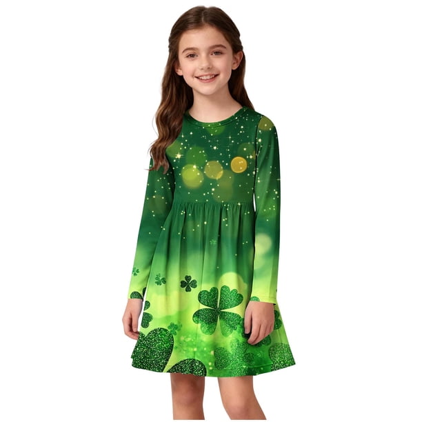 Vestido de manga larga con cuello redondo para niñas, vestido elástico de manga larga, corte A, estilo patinador con volantes, vestido de recital escolar, vestido de manga larga con cuello redondo par