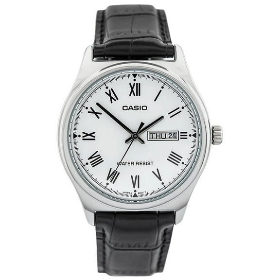 Casio Men's 45mm Stainless Steel Leather Band Wristwatch, Black & White