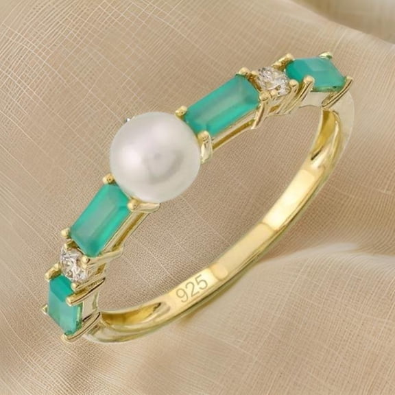 925 Silver Pearl with lab emerald baguette and white zirconia Ring,Yellow Gold Plated Baguette With Pearl Ring,June birthstone Ring for