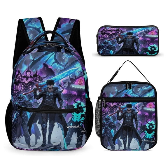 Solo Leveling Theme Backpack 3Pcs includes Bookbag, meal bags and pencil cases Casual Daypack Travel Backpacks for Work Hiking Camping