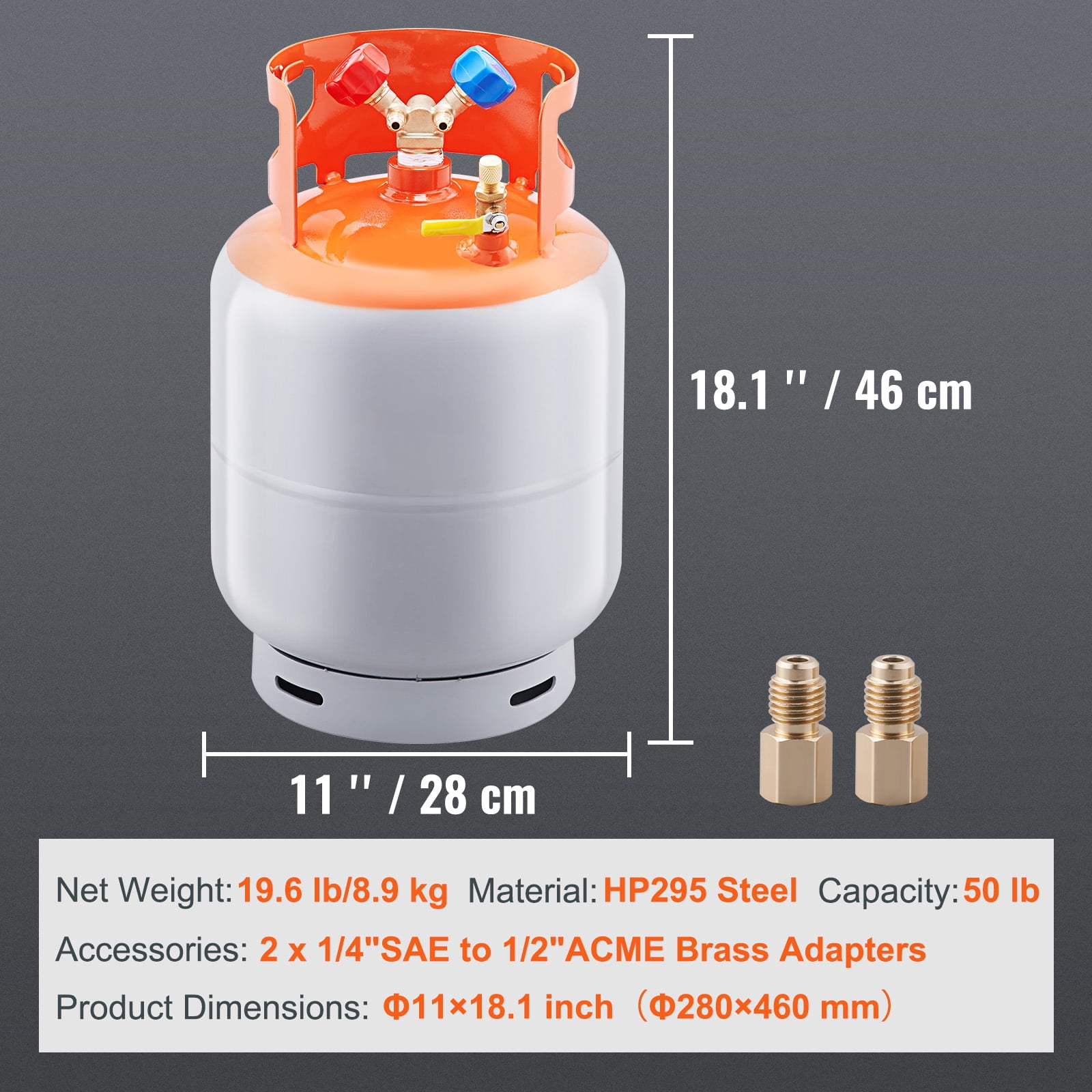 KFFKFF Secure 50 LBS Tank for Refrigerant Recovery, 400 psi Capacity, Versatile Y-Valve for Liquid & Vapor, Compatible with R22/R134A/R410A, in Eye-Catching Orange & Gray