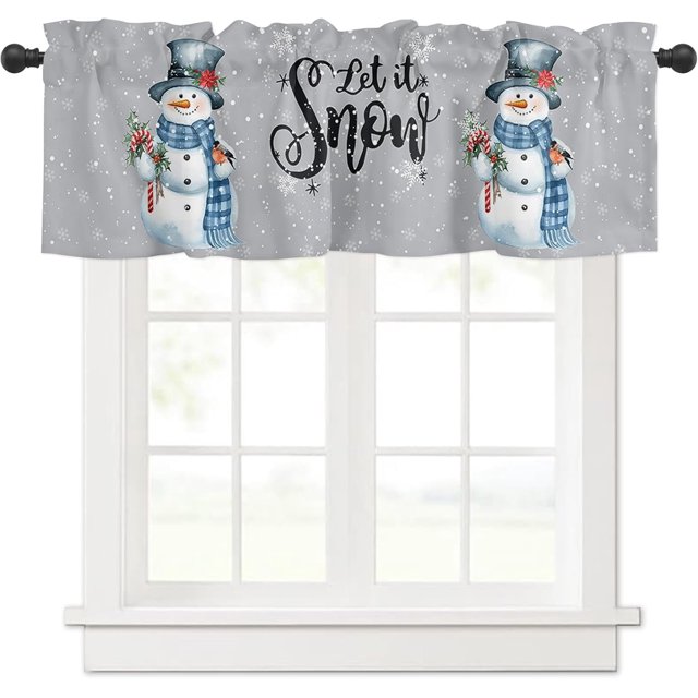 Snowman Christmas Valance Curtains for Kitchen Windows Let It Snow Winter Holiday Rod Pocket Window Treatment Toppers for Kitchen/Living Room/Bedroom/Bathroom, 54" X 18", Grey White