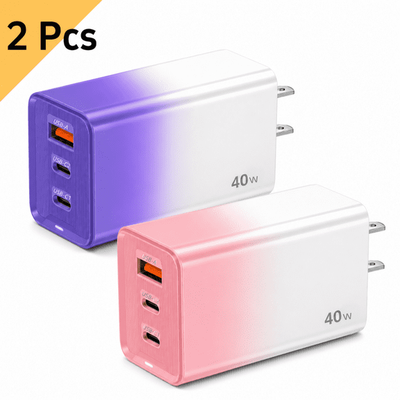 QINIUXO 2 Pack USB C Charger Block, 40W USB Wall Charger with 2 USB-C and 1 USB-A Ports, 3 Port Phone Charger Block, Compact Charger for Phones, Tablets and Everyday Devices, Purple & Pink
