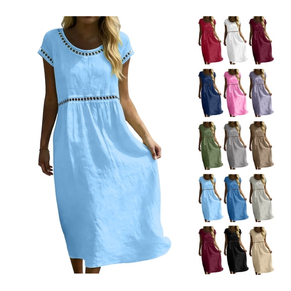 Summer Womens Dress Cotton Linen Eyelet Detail Short Sleeve Midi Dress