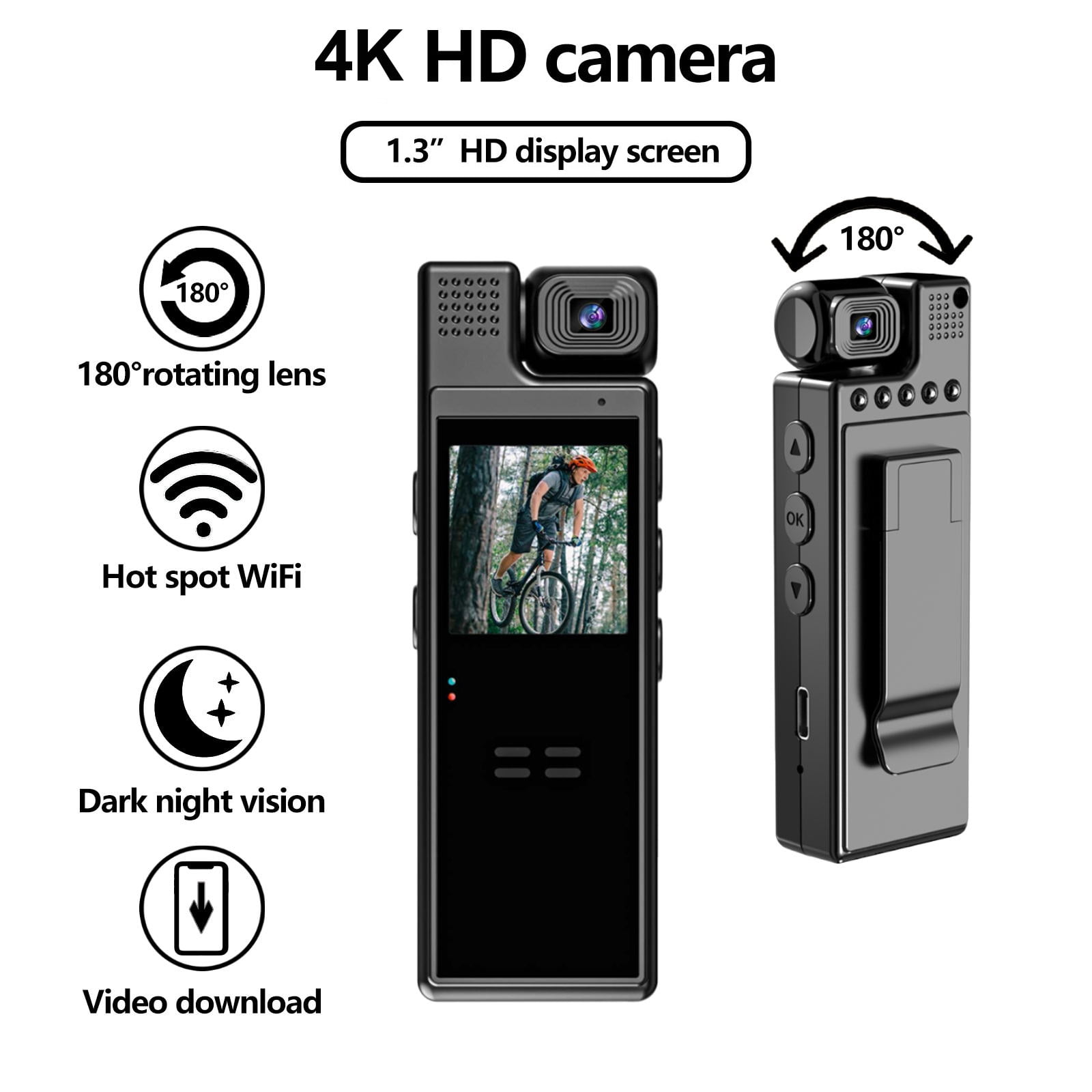 Spirastell Body Camera,Camera Audio Rotatable Vision 1.3in TFT WiFi 6 Battery Audio Video Support APP Body Camera Daily Camera APP 6 Screen Camera APP 4K U Body Capture TFT Sn Vision