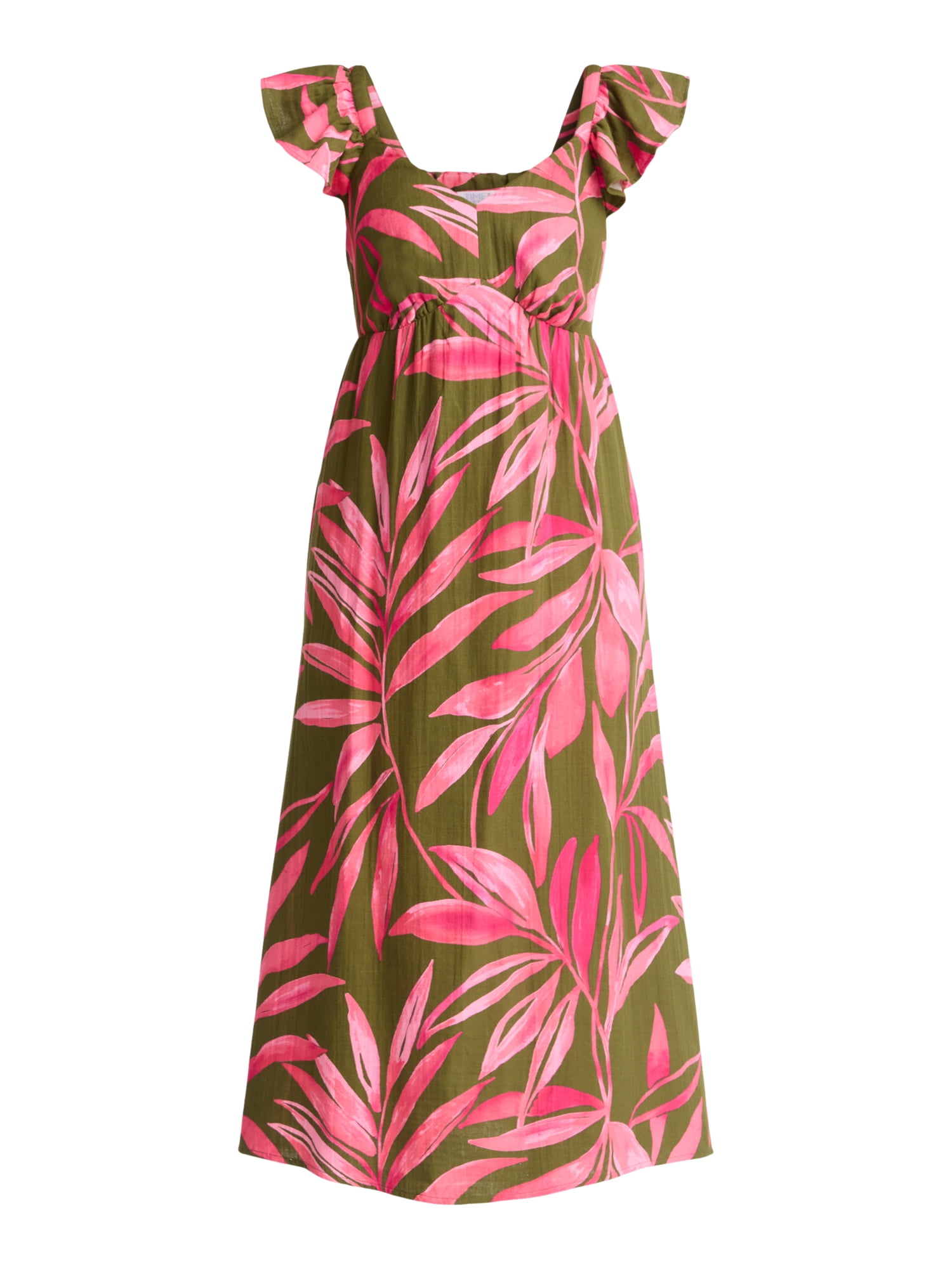 Time and Tru Women's Cotton Midi Dress with Flutter Sleeves, Sizes XS-XXXL
