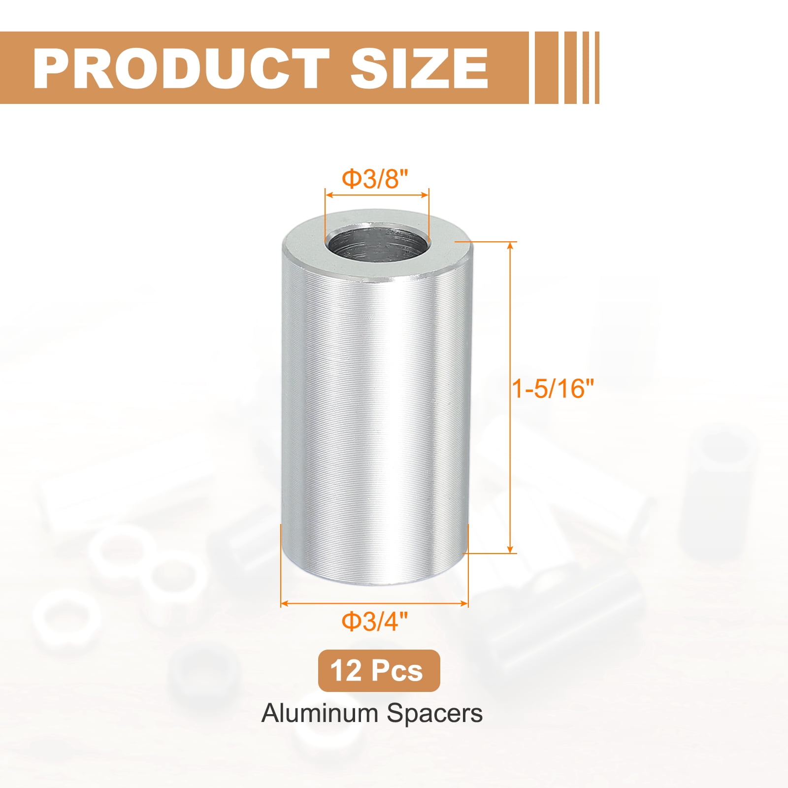 12PCS Aluminum Spacers, 3/8" x 3/4" Metal Spacers Aluminum 1-5/16" L Spacer Screw Standoff Round Unthreaded Standoff Bushing for 3/8inch Screw Bolts, Silver