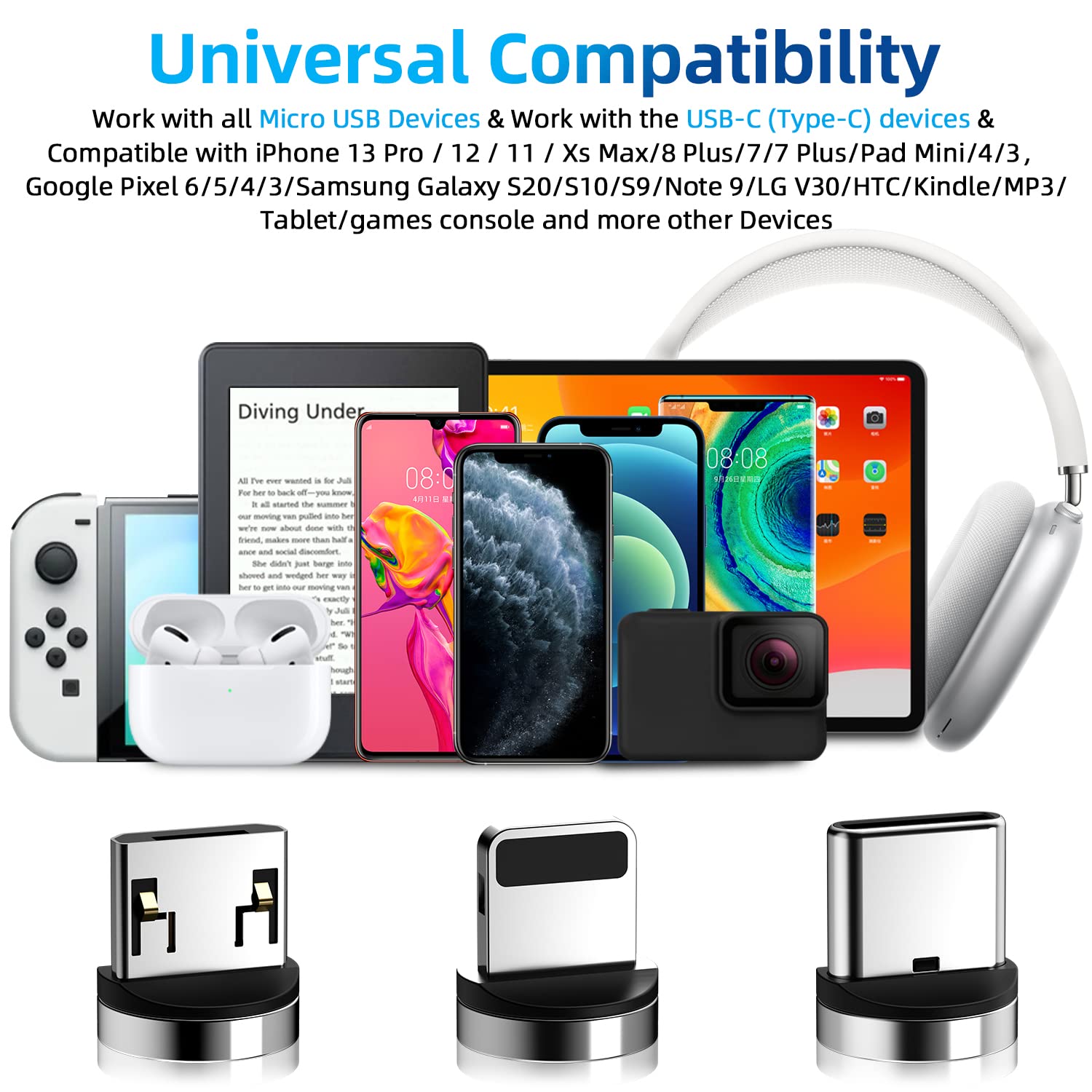 540 ° rotation magnetic charging cable, 3A fast charging magnetic phone charger [3-pack 10ft] 3 in 1 magnetic USB cable support data transfer magnet charger cable for iProduct/Micro USB/Type C device