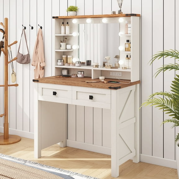 Romorgniz Farmhouse Vanity Desk with 10 Light Bulbs Mirror, 3-Color Lighting, Built-in Outlet Makeup Vanity Desk with Space-Saving Storage,White
