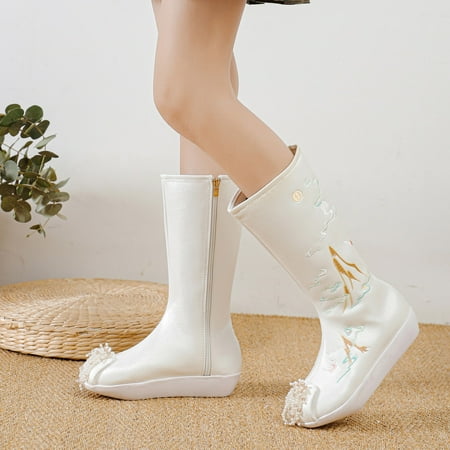 

TALKVE Women Shoes Fashion Boots Inner High Heel Old Cloth Shoes National Style Bare Embroidered Boots