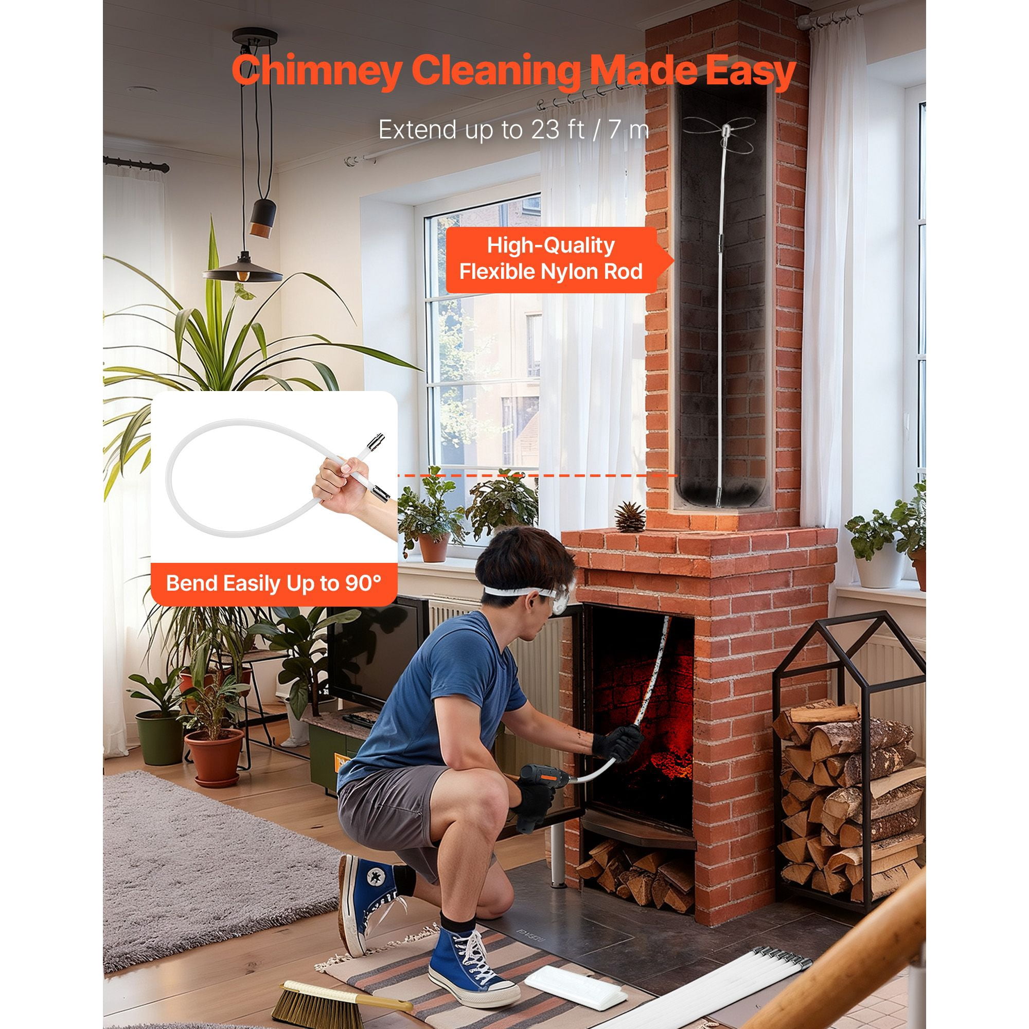 Chimney Sweep Kit, 23 ft Maximum Extendable Length, Dual Brush Head Design, 90° Bendable, for Square, Rectangle & Arch Chimneys, with Brush & Goggles