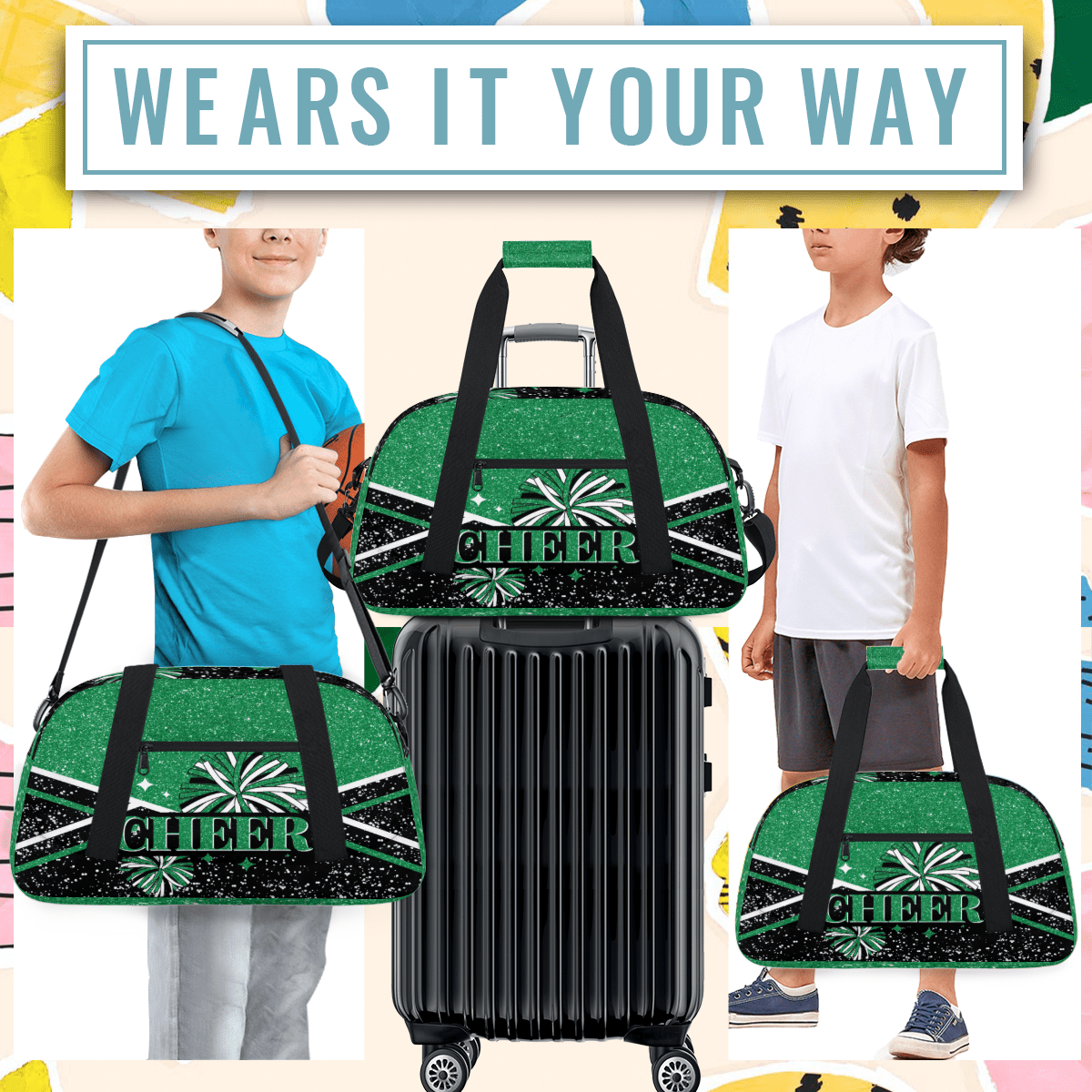Herdesigns Cheer Bags Sport Duffle Bag Green Cheerleader Gym Bag Overnight Travel Bags Waterproof Weekender Bag Carry On Travel Tote Bag Dance Bags
