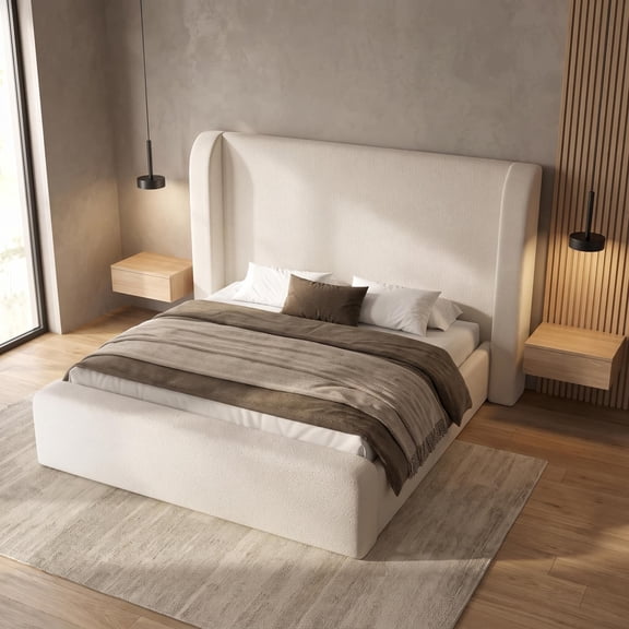 Toogaho California King Upholstered Wingback Bed with 49.2" Tall Padded Wingback Headboard,Soft Velet, Metal Platform Bed Frame,No Box Spring Needed, Easy Assembly,Beige