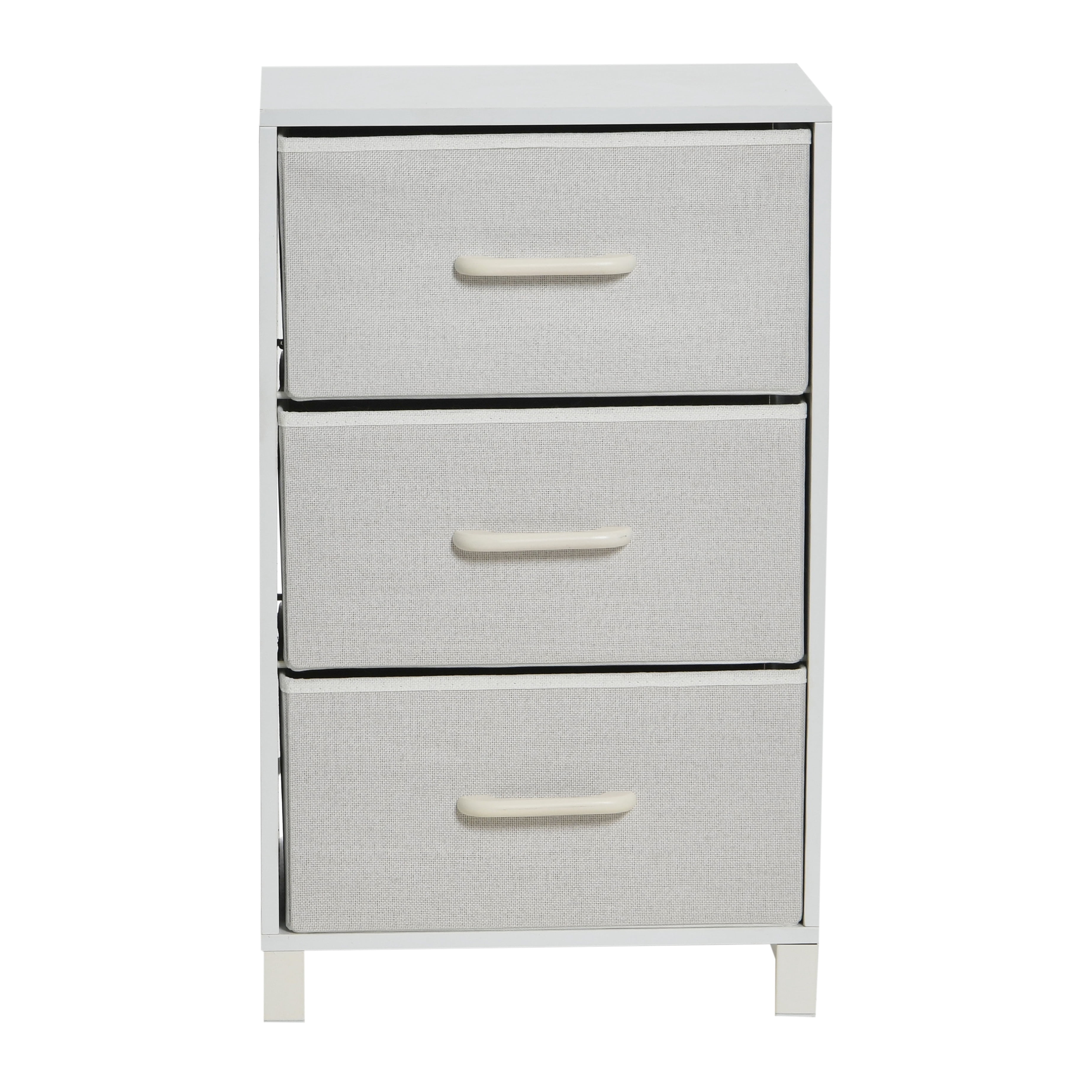 Household Essentials 3 Drawer Dresser, Narrow Storage Chest, Fabric Drawers, Wire Backing and Metal Feet, Plastic Handles, Scandinavian White Laminate