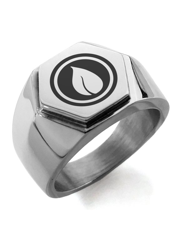 Stainless Steel Nature Element Rune Engraved Hexagon Crest Flat Top Biker Style Polished Ring