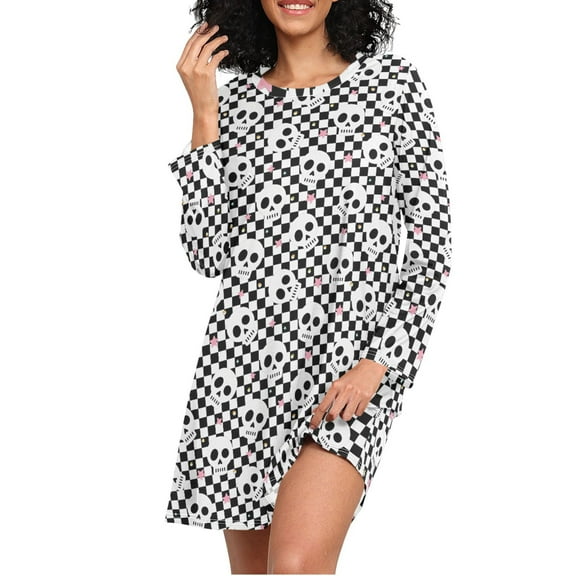 joogoo Skulls on Checkered Cute Women's Long Sleeve Nightgown Sleepwear L