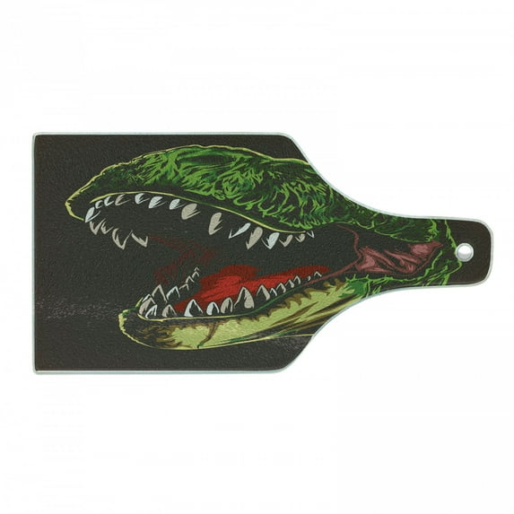 Dinosaur Cutting Board, Aggressive Wild T-Rex Head Colorful Hand Drawn Style Jurassic Period, Tempered Glass Cutting and Serving Board, Wine Bottle Shape, Dark Brown Fern Green, by Ambesonne