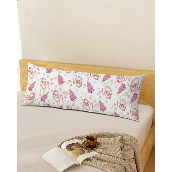 Christmas Santa Throw Pillow Cover, Pink Xmas Pine Trees Snowflakes Rectangle Decorative Pillow Case Protector Soft Cushion Cover Lumbar Pillowcase for Couch Sofa Bedroom Car Chair Decor 20x54 Inch