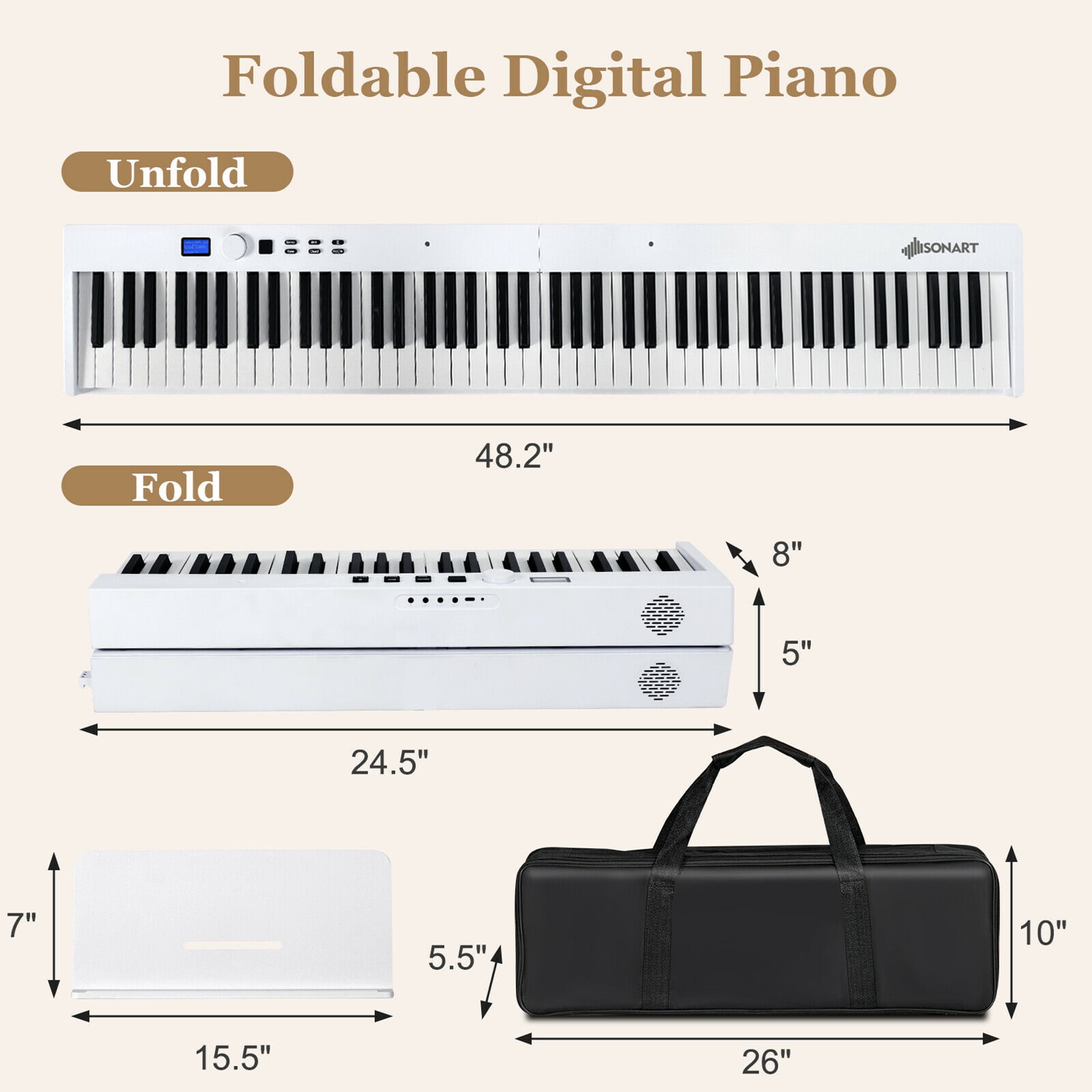 Gymax 88-Key Folding Electric Piano Keyboard Semi Weighted Full Size MIDI White