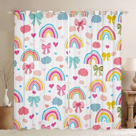 Homewish Cute Cartoon Rainbow Curtains Pack of 2 (42x84 Each),Colorful Bowtie Bowknot Curtains Blackout,Clouds Loves Pattern Bedroom Curtains For Girls Teens,Luxury Bedroom Decor
