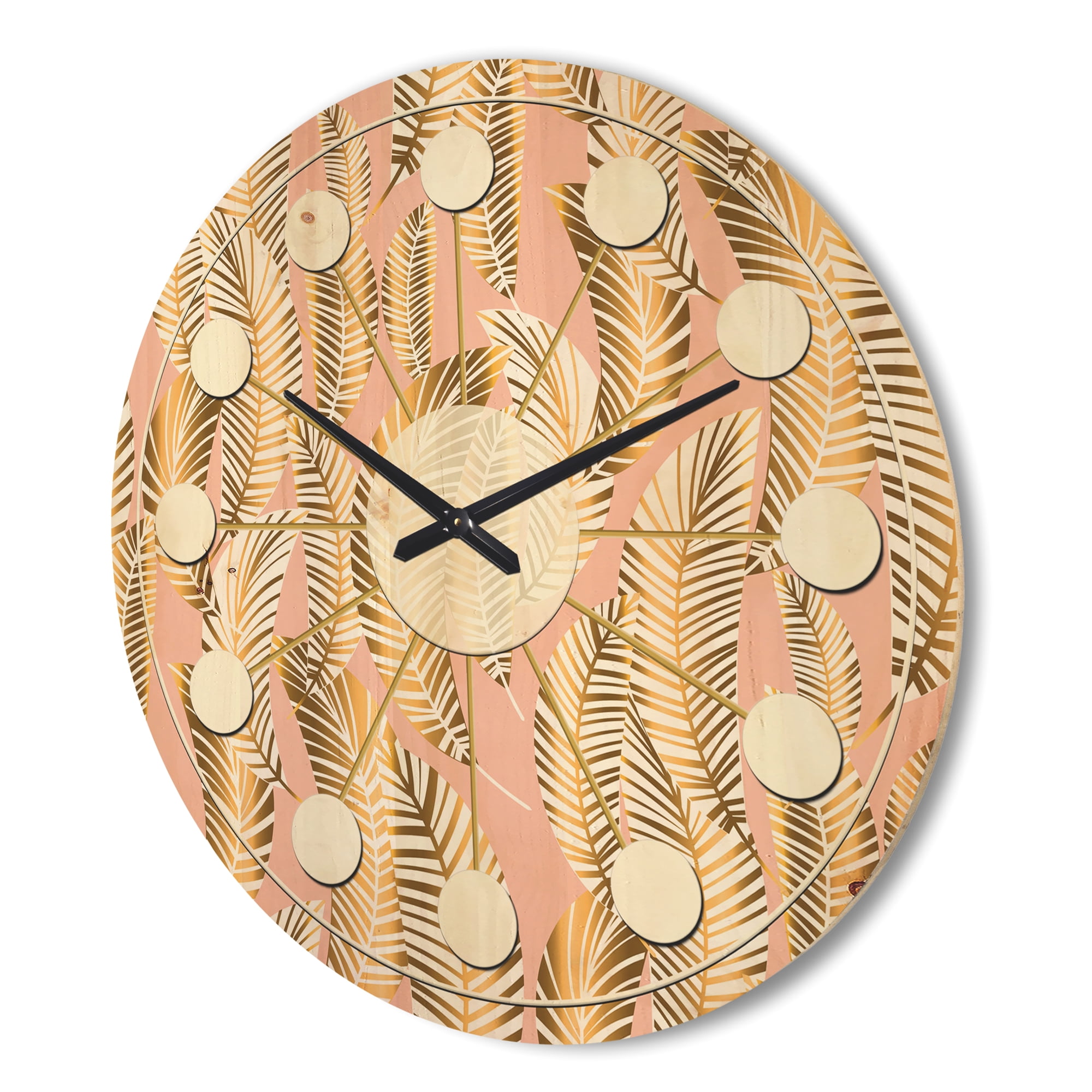 Designart 'Palm Golden Leaves I' Mid-Century Modern Wood Wall Clock