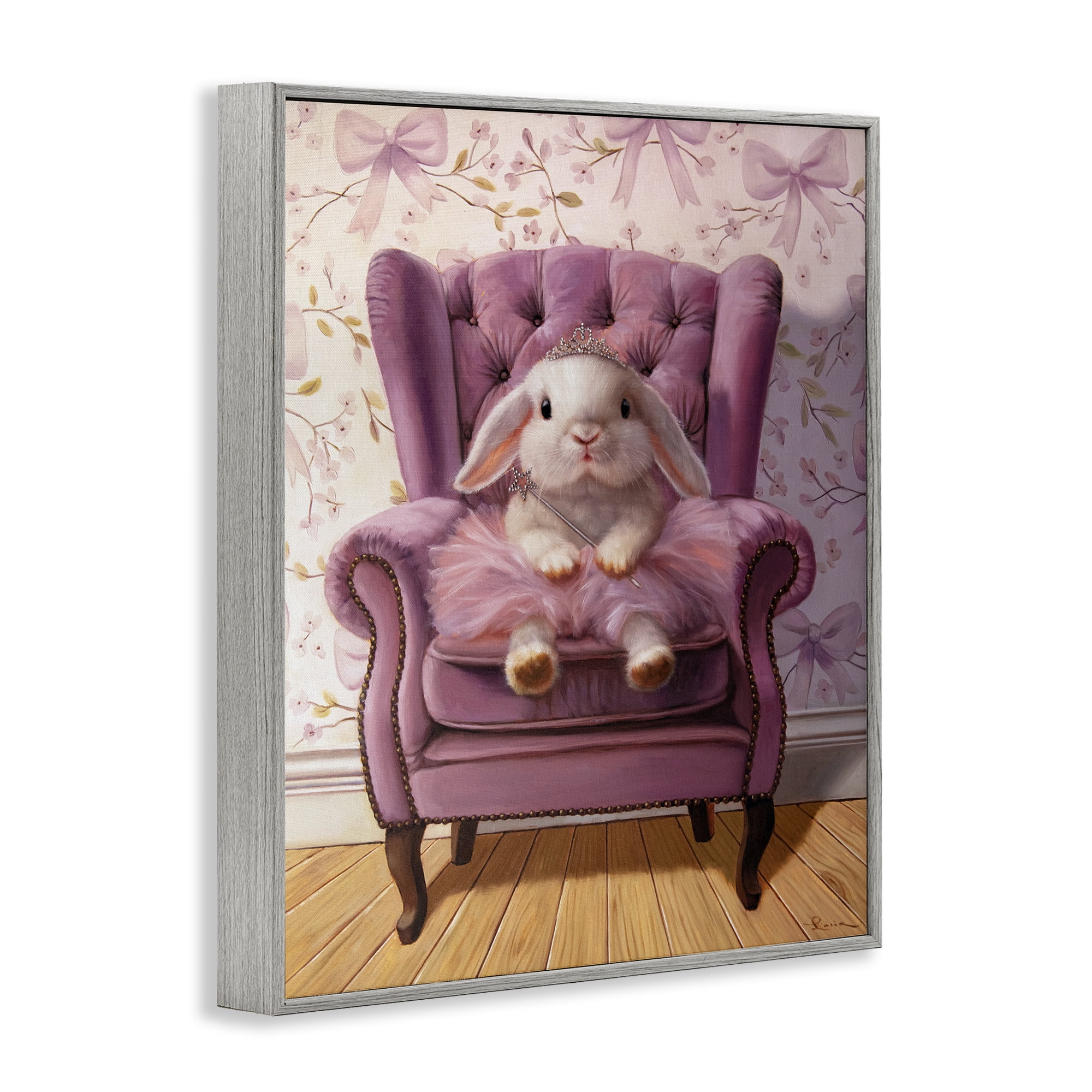 Pink Princess Tutu Bunny Gray Framed Giclee Art, design by Lucia Heffernan